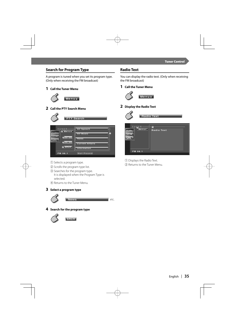 Search for program type, Radio text | Kenwood DDX6027 User Manual | Page 35 / 84