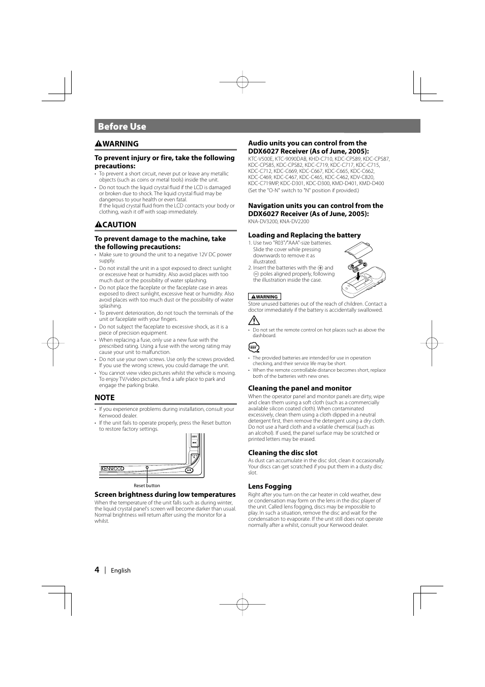 Before use, 2 warning, 2 caution | Kenwood DDX6027 User Manual | Page 4 / 84