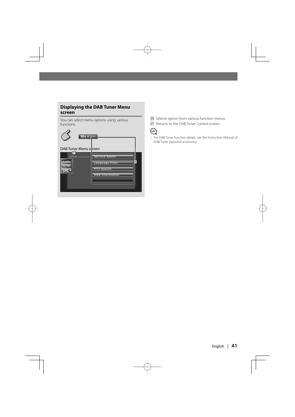 Displaying the dab tuner menu screen | Kenwood DDX6027 User Manual | Page 41 / 84