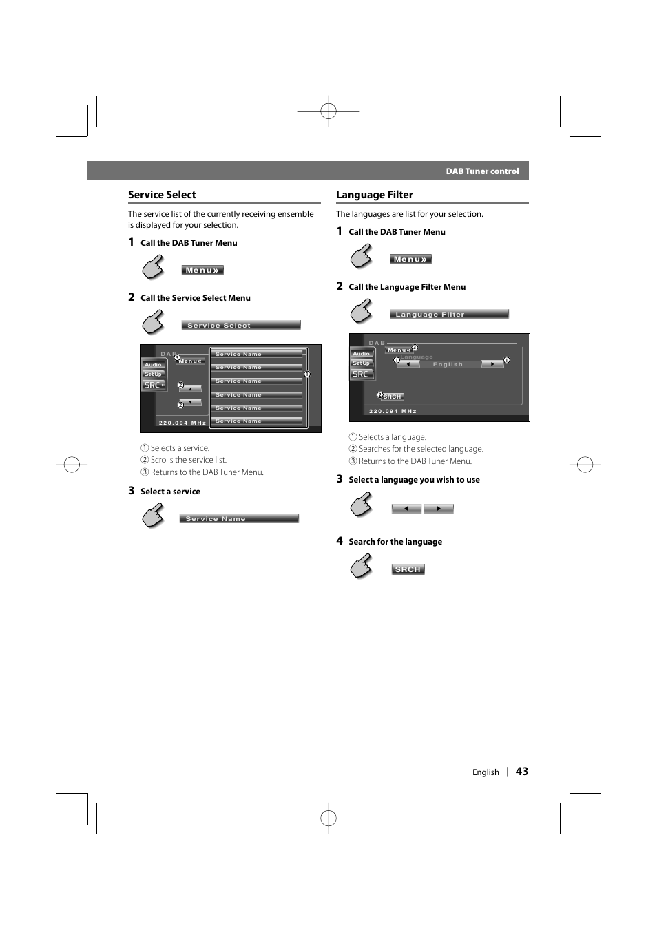 Service select, Language filter | Kenwood DDX6027 User Manual | Page 43 / 84