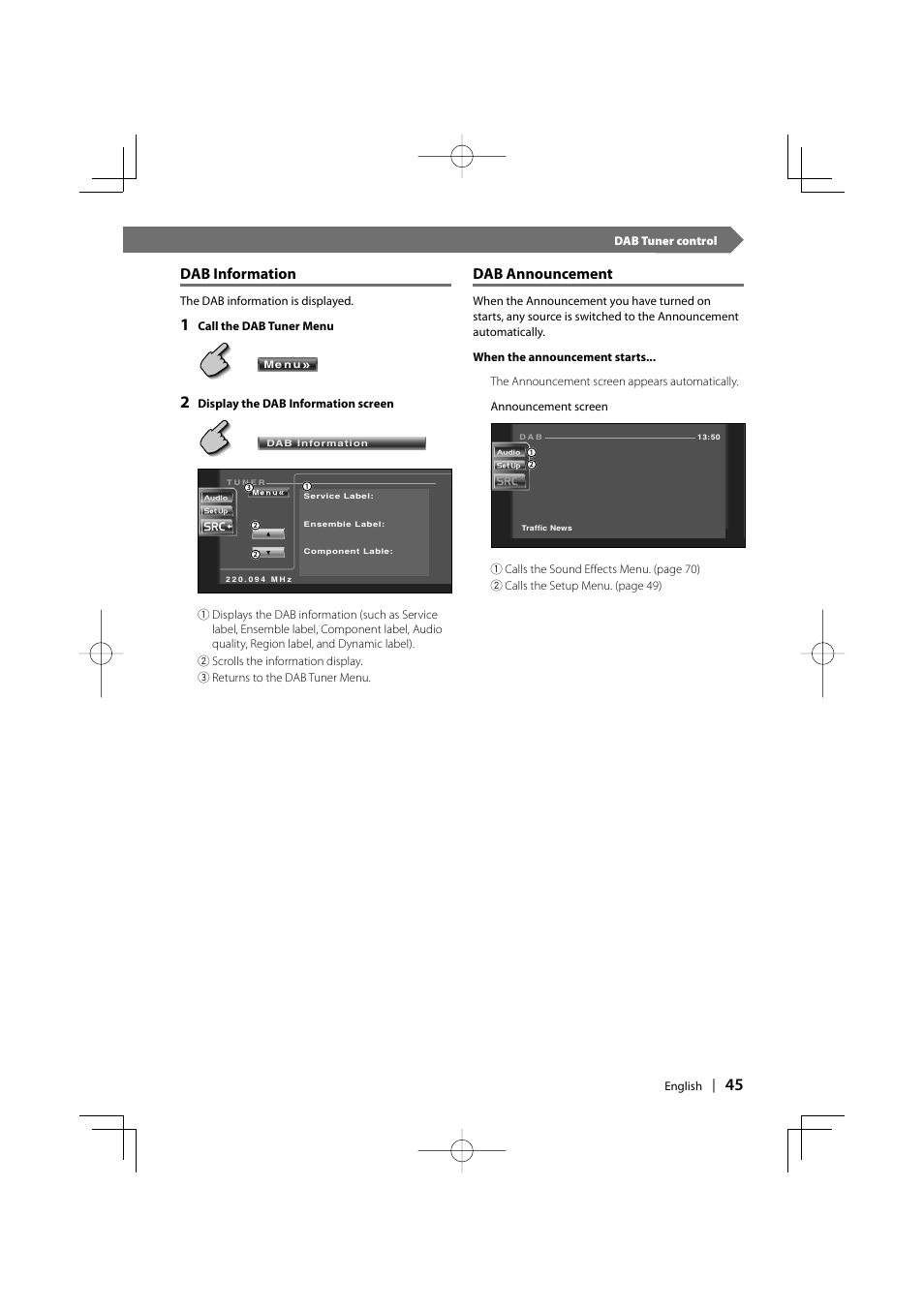 Dab information, Dab announcement | Kenwood DDX6027 User Manual | Page 45 / 84