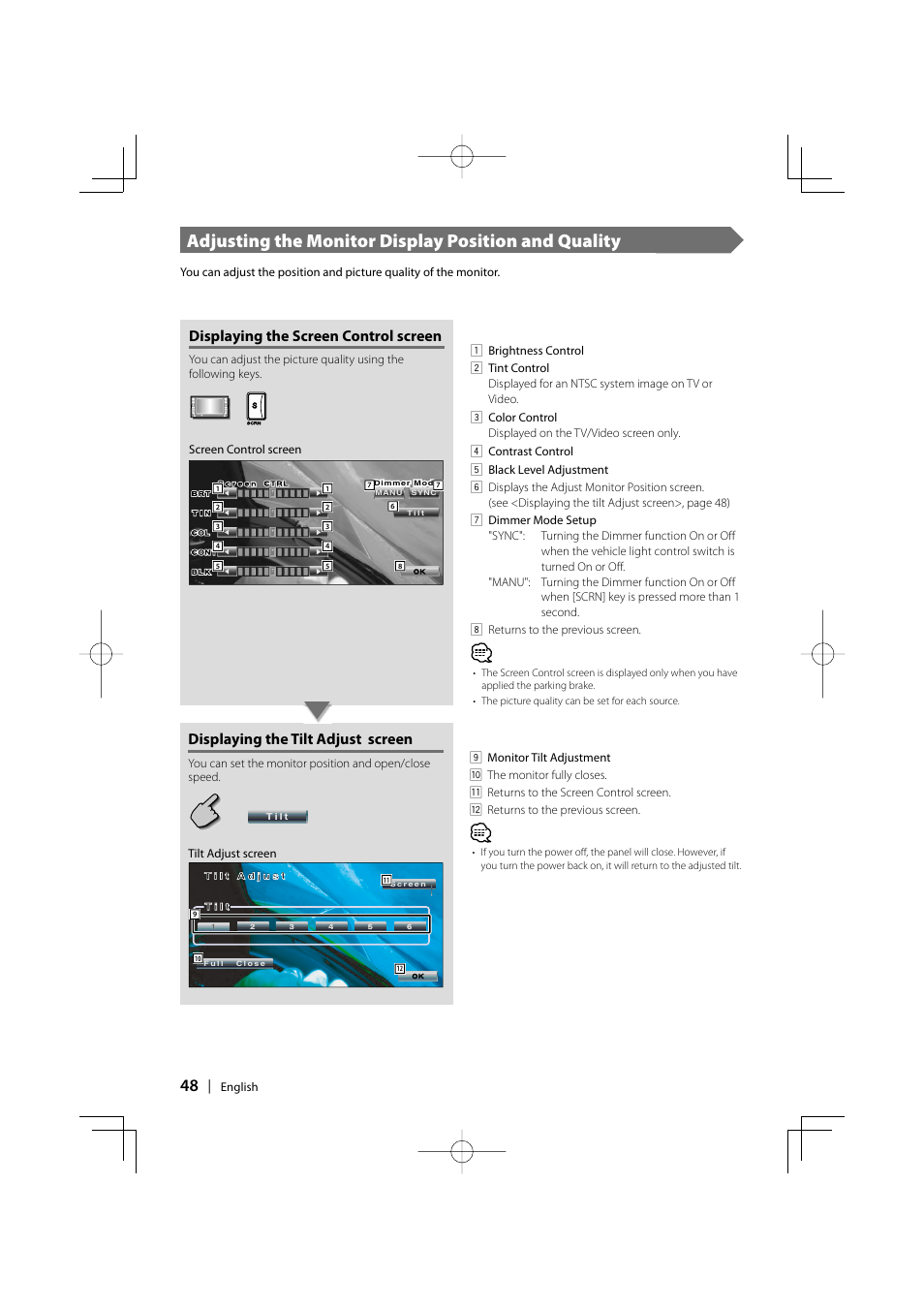 Adjusting the monitor display position and quality, Displaying the screen control screen, Displaying the tilt adjust screen | Kenwood DDX6027 User Manual | Page 48 / 84