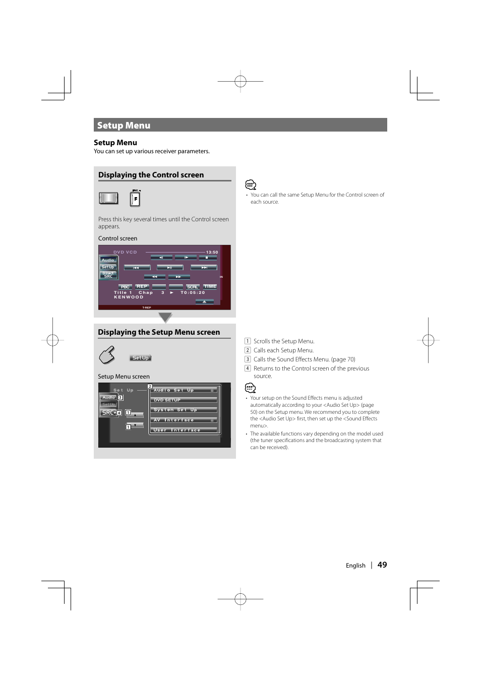 Setup menu, Displaying the control screen, Displaying the setup menu screen | Kenwood DDX6027 User Manual | Page 49 / 84