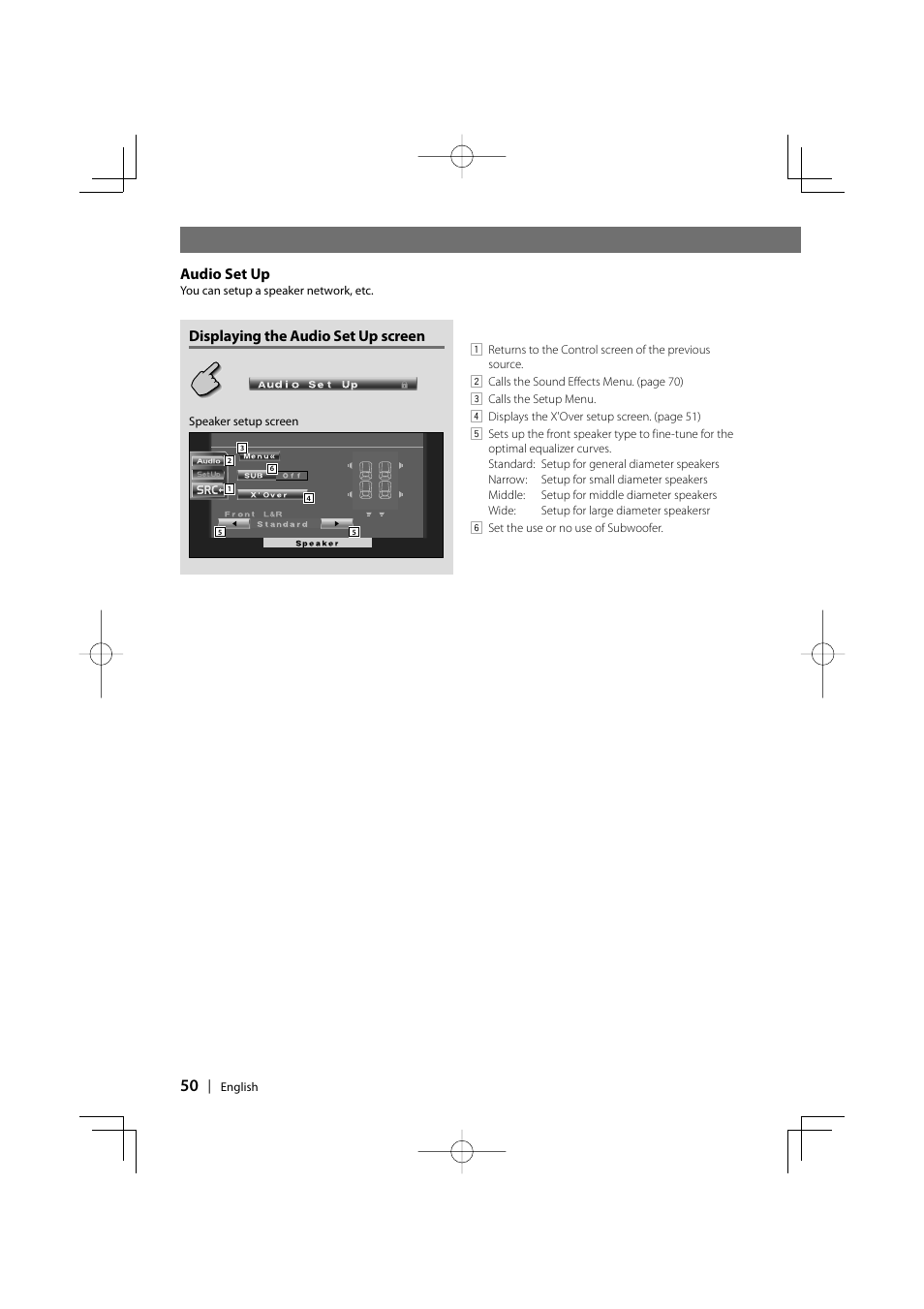 Audio set up, Displaying the audio set up screen | Kenwood DDX6027 User Manual | Page 50 / 84