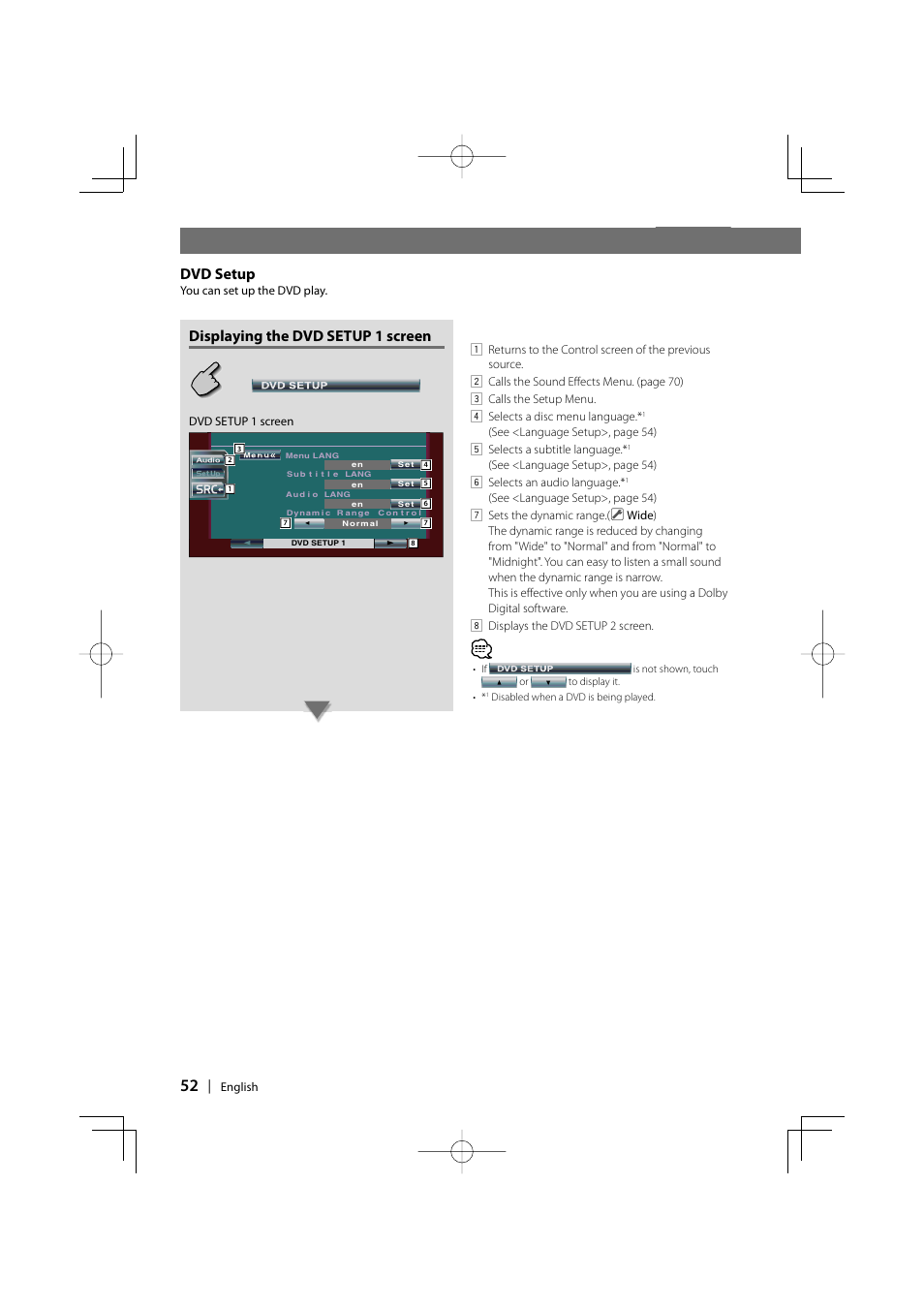 Displaying the dvd setup 1 screen, Dvd setup | Kenwood DDX6027 User Manual | Page 52 / 84