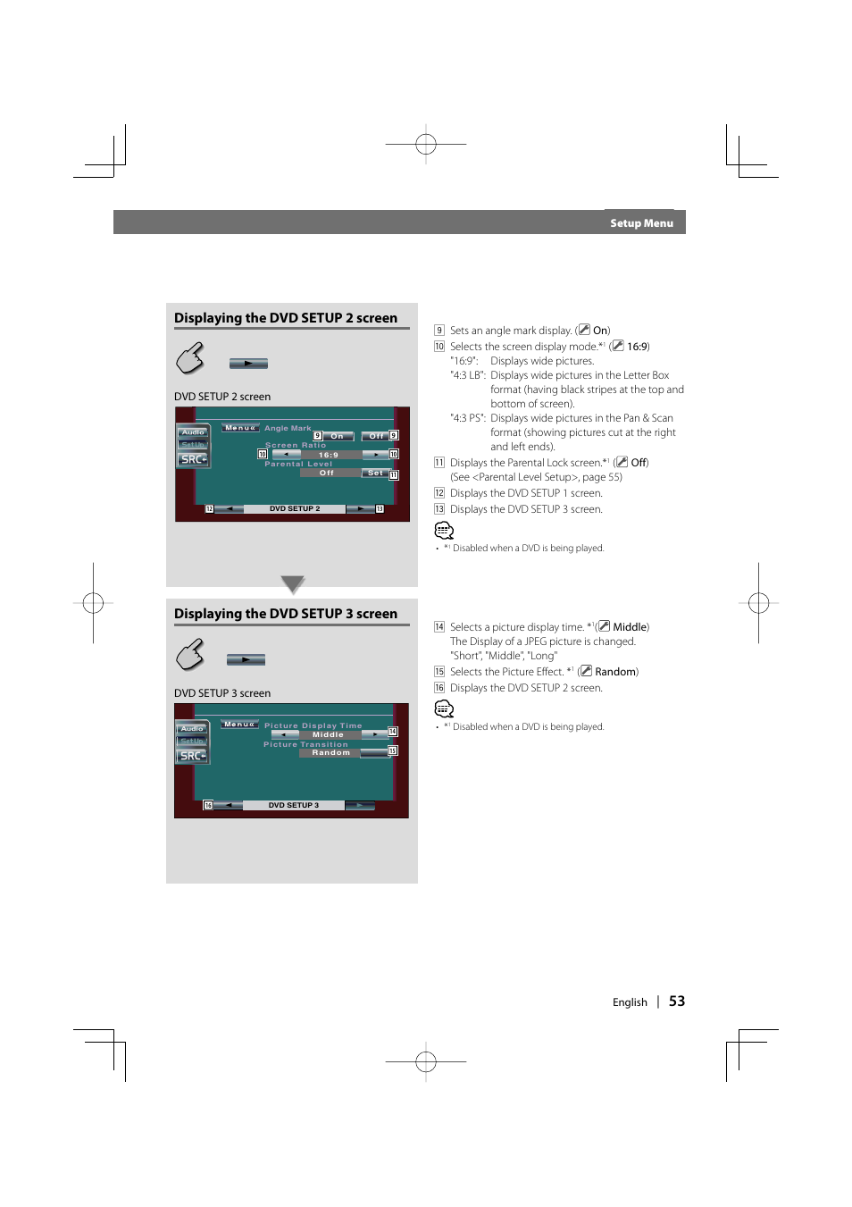 Displaying the dvd setup 2 screen, Displaying the dvd setup 3 screen | Kenwood DDX6027 User Manual | Page 53 / 84