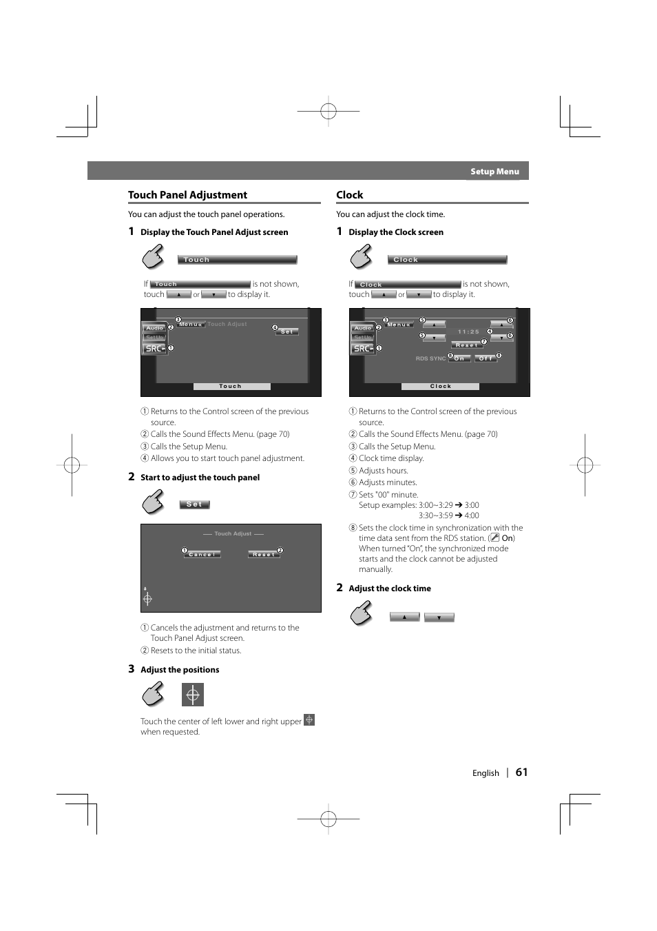 Before use, Touch panel adjustment, Clock | Kenwood DDX6027 User Manual | Page 61 / 84