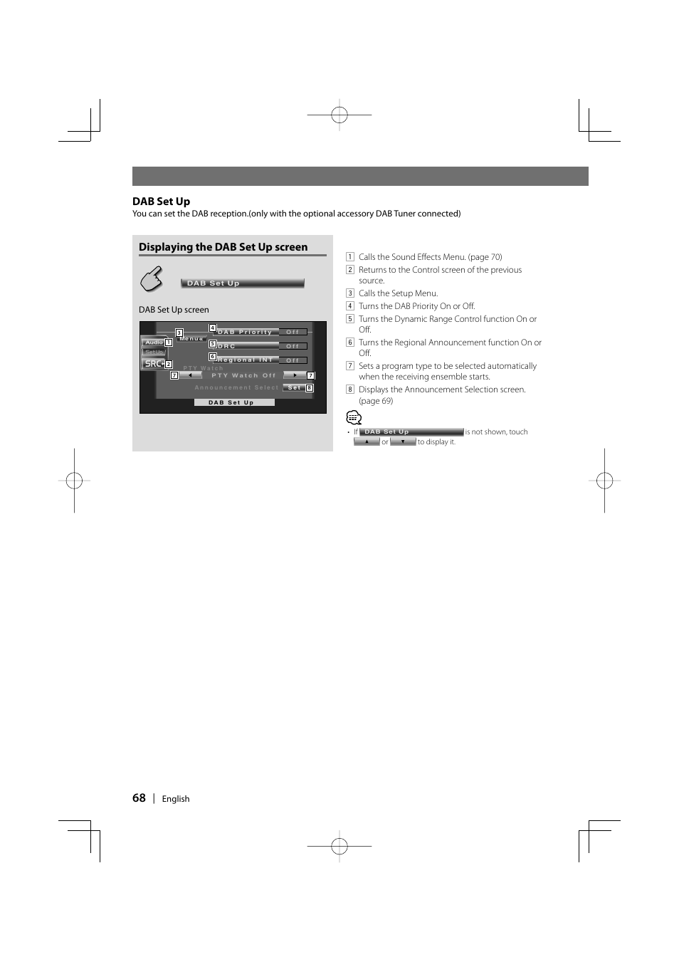 Displaying the dab set up screen, Dab set up | Kenwood DDX6027 User Manual | Page 68 / 84