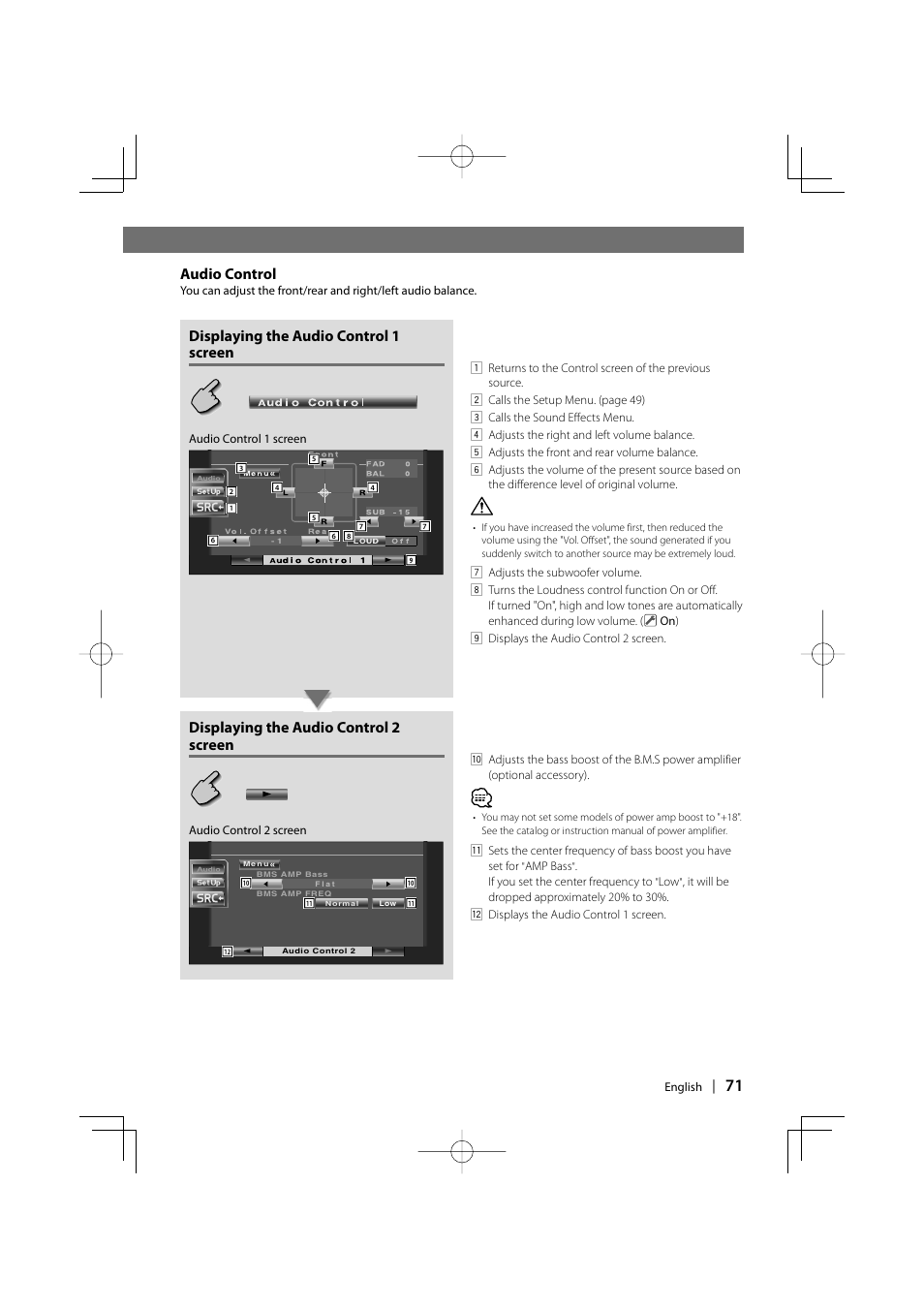 Audio control, Displaying the audio control 1 screen, Displaying the audio control 2 screen | Kenwood DDX6027 User Manual | Page 71 / 84