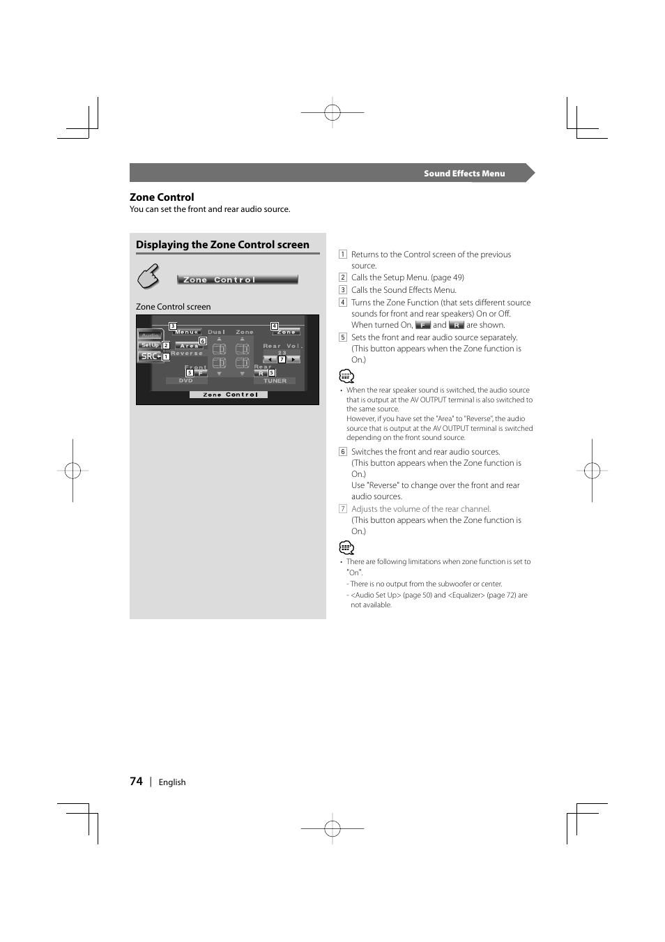 Zone control, Displaying the zone control screen | Kenwood DDX6027 User Manual | Page 74 / 84