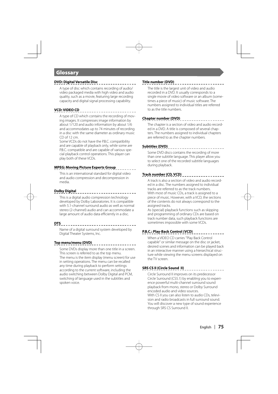 Glossary | Kenwood DDX6027 User Manual | Page 75 / 84