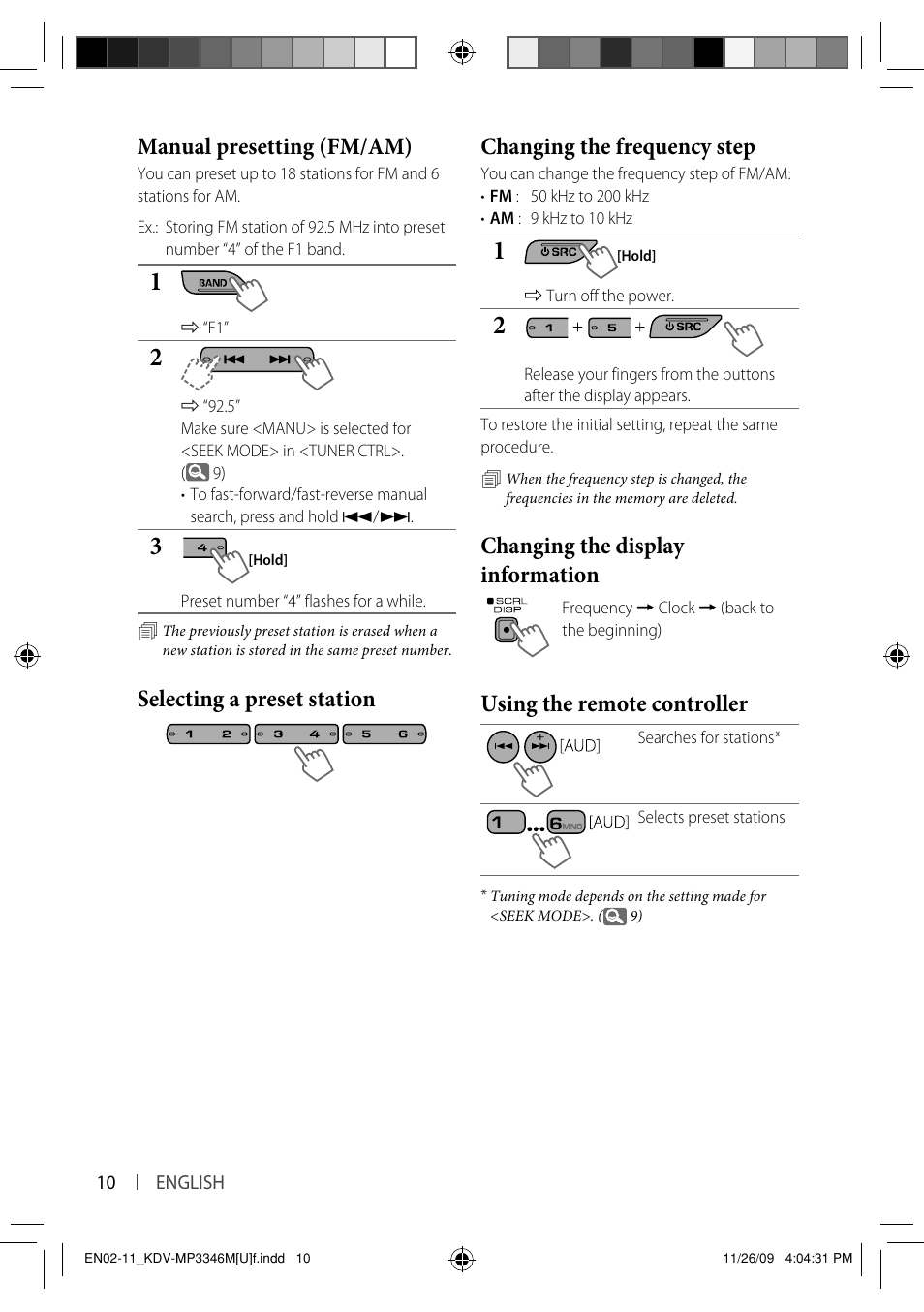 Manual presetting (fm/am), Changing the display information, Using the remote controller | Kenwood KDV-MP3346 User Manual | Page 10 / 29