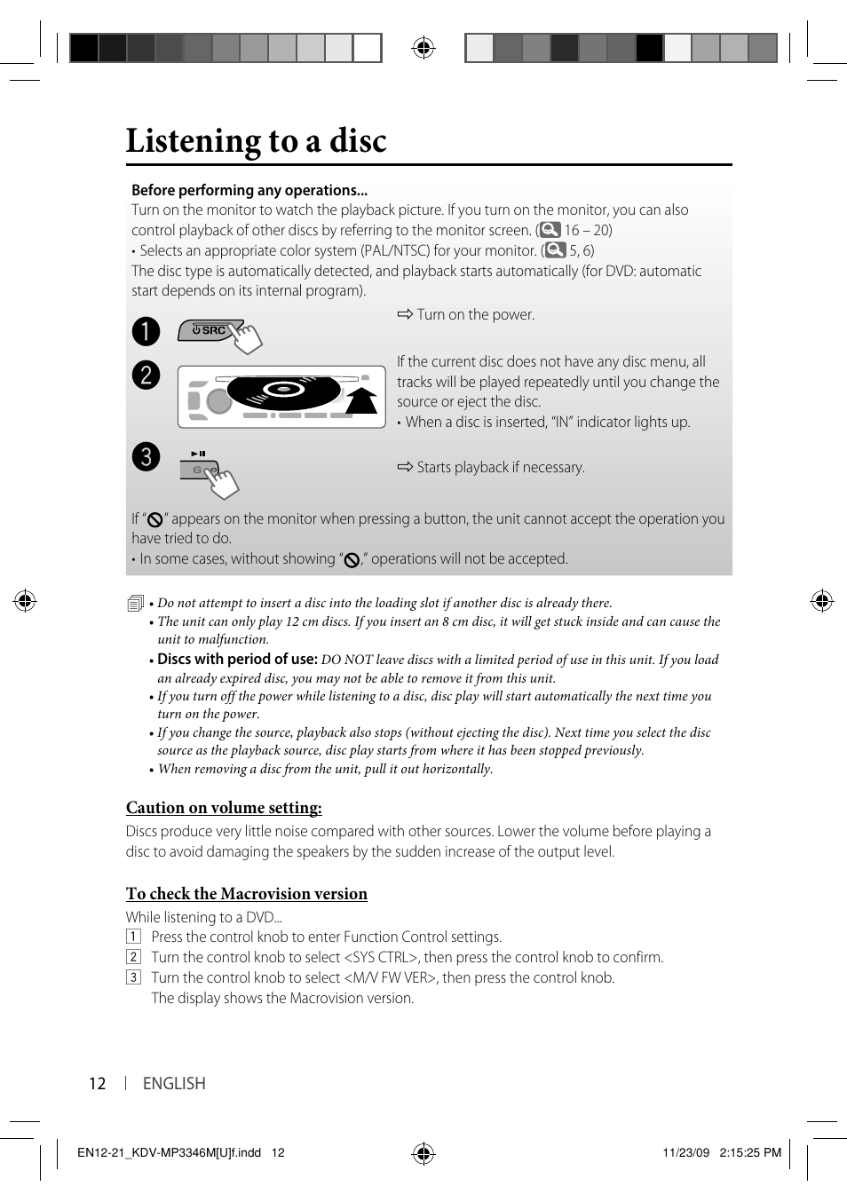 Listening to a disc | Kenwood KDV-MP3346 User Manual | Page 12 / 29
