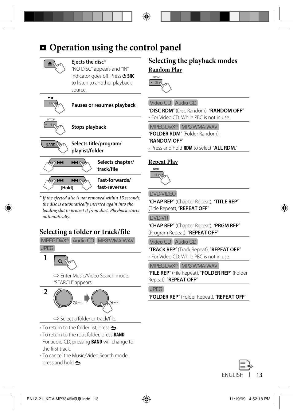 Operation using the control panel, Selecting a folder or track/file, Selecting the playback modes | Kenwood KDV-MP3346 User Manual | Page 13 / 29