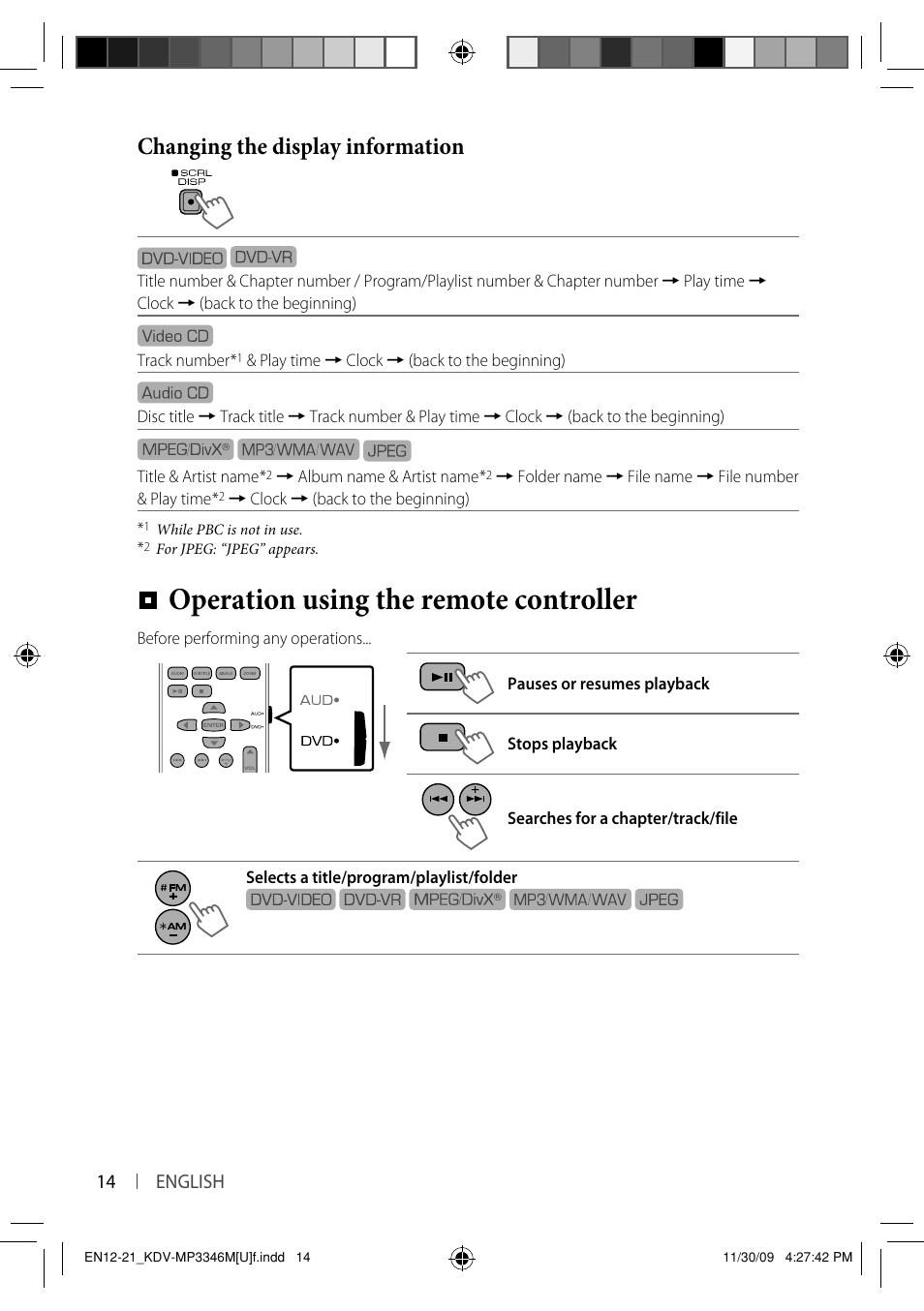 Operation using the remote controller, Changing the display information | Kenwood KDV-MP3346 User Manual | Page 14 / 29