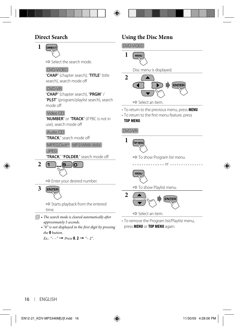 Using the disc menu, Direct search | Kenwood KDV-MP3346 User Manual | Page 16 / 29
