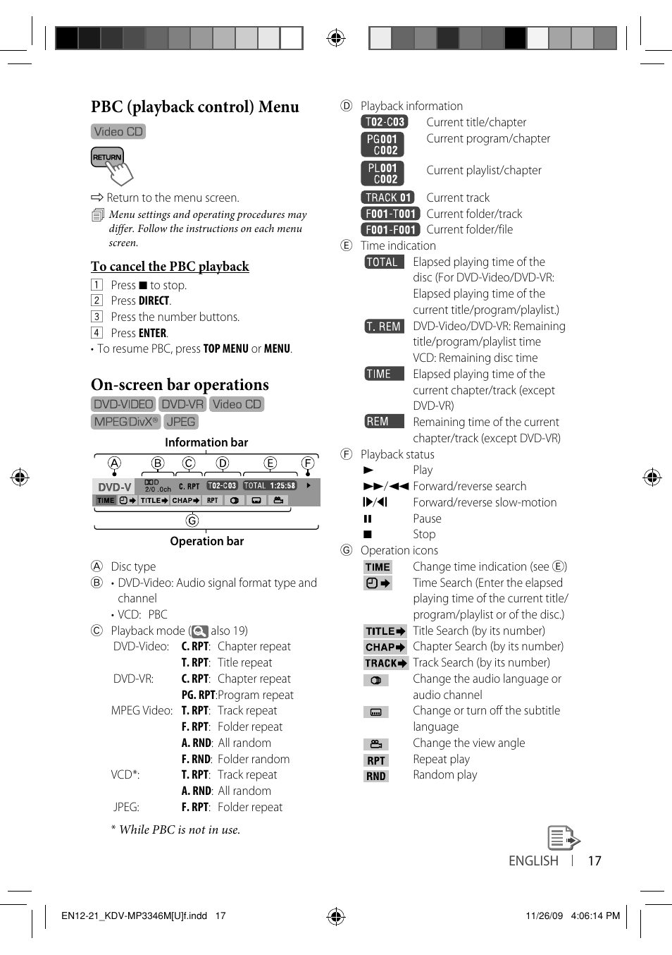Pbc (playback control) menu, On-screen bar operations | Kenwood KDV-MP3346 User Manual | Page 17 / 29