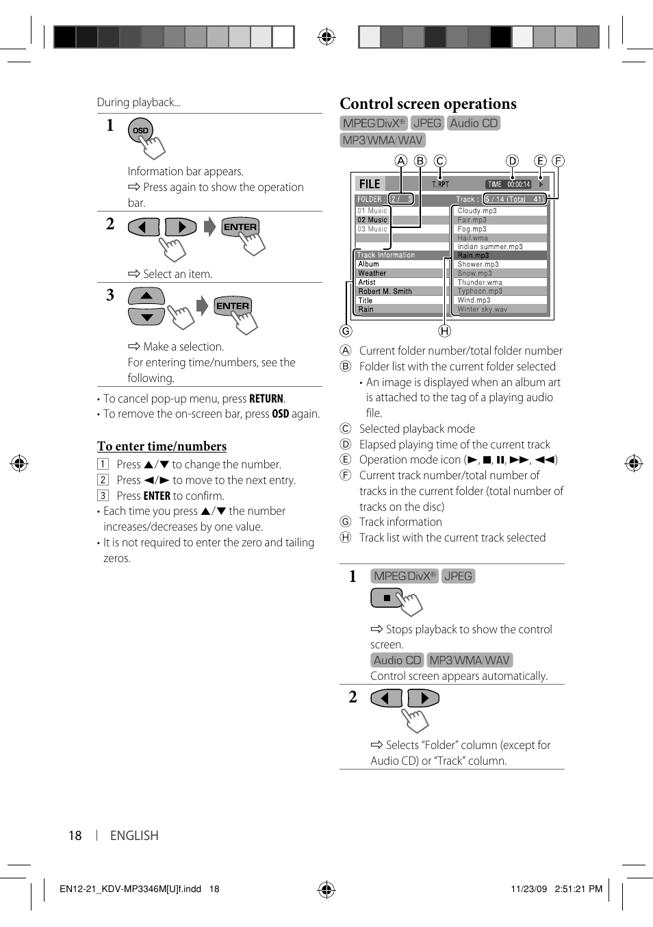 Control screen operations | Kenwood KDV-MP3346 User Manual | Page 18 / 29