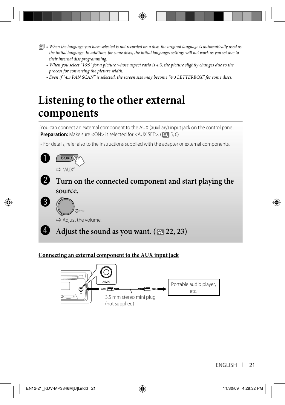Listening to the other external components, Adjust the sound as you want. ( 22, 23) | Kenwood KDV-MP3346 User Manual | Page 21 / 29