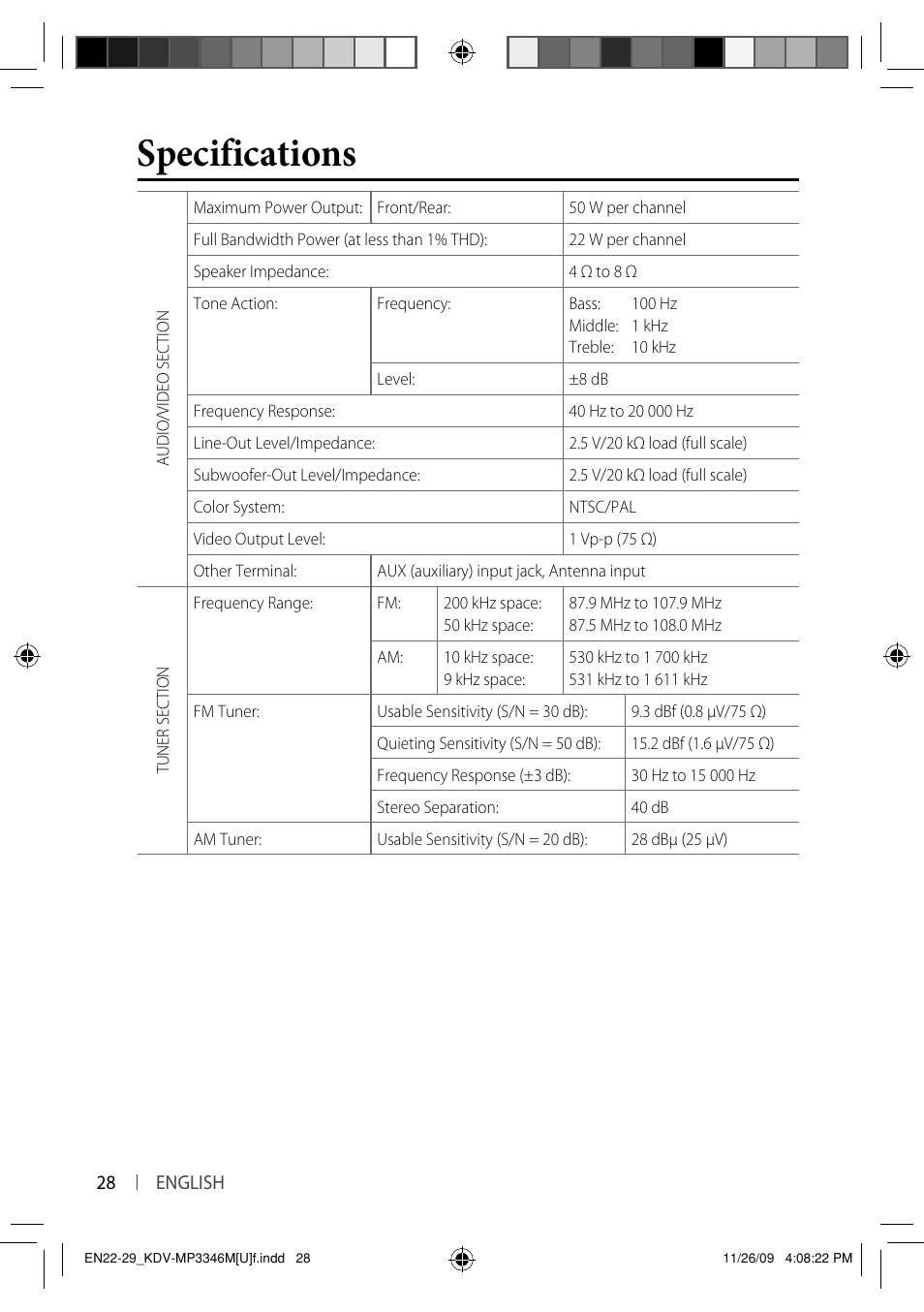 Specifications | Kenwood KDV-MP3346 User Manual | Page 28 / 29