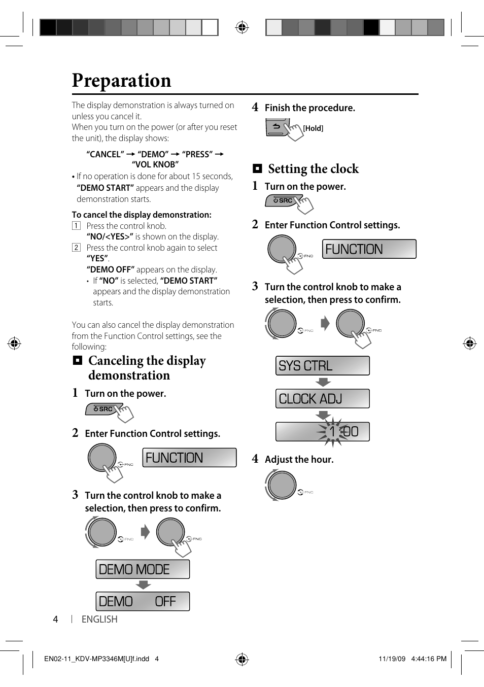 Preparation, Setting the clock 1, Canceling the display demonstration 1 | Kenwood KDV-MP3346 User Manual | Page 4 / 29