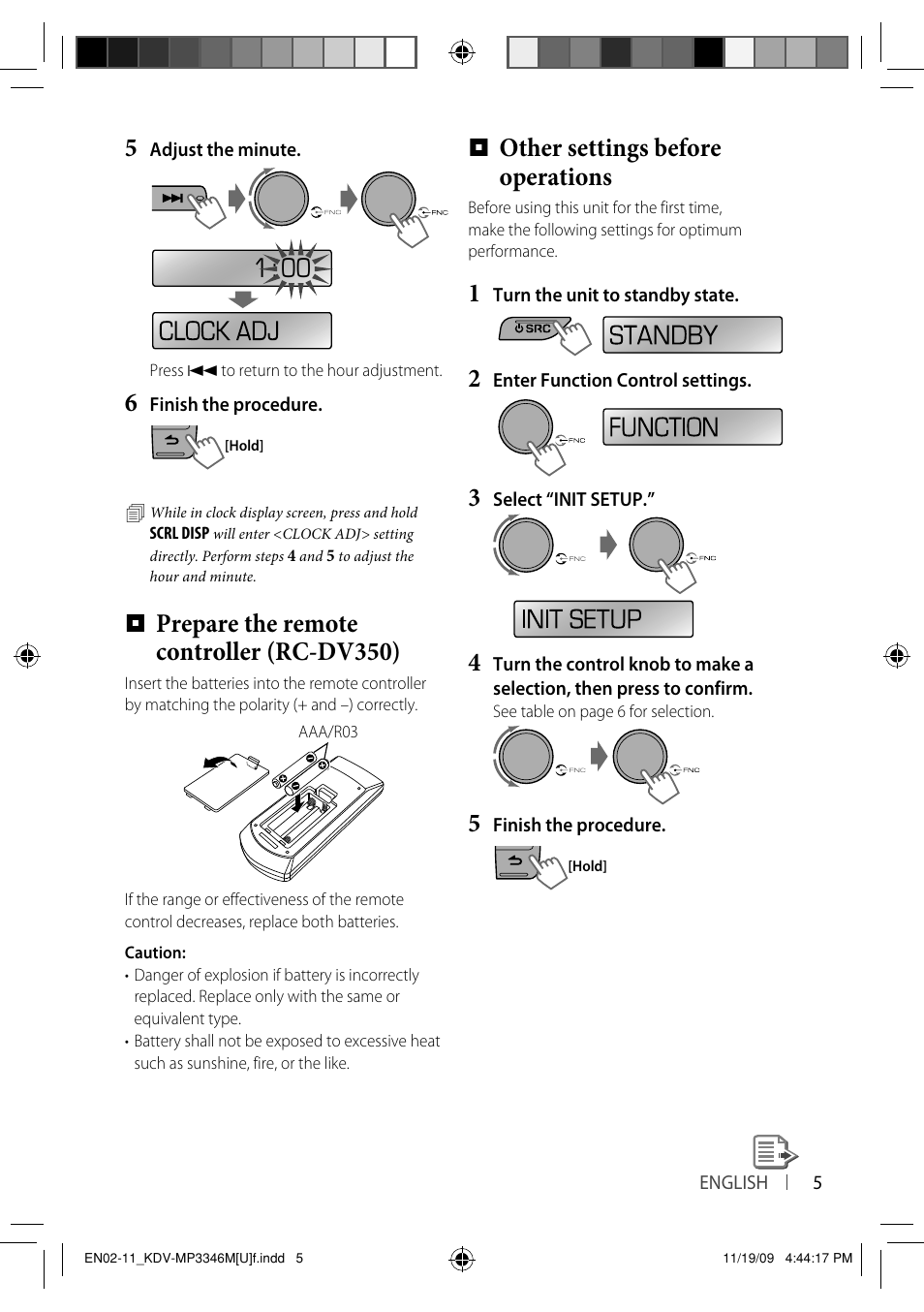 Prepare the remote controller (rc-dv350), Other settings before operations | Kenwood KDV-MP3346 User Manual | Page 5 / 29