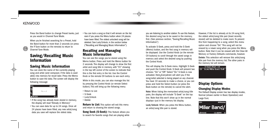 Saving/recalling music information, Display options, Saving music information | Recalling and managing music information, Changing display modes | Kenwood H2EC User Manual | Page 10 / 15