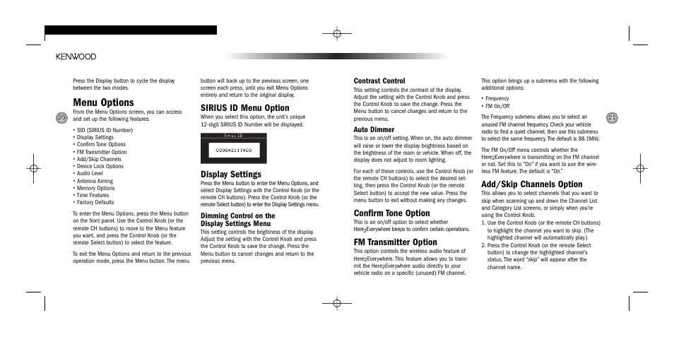 Menu options, Confirm tone option, Fm transmitter option | Add/skip channels option, Sirius id menu option, Display settings, Contrast control, Auto dimmer, Dimming control on the display settings menu | Kenwood H2EC User Manual | Page 11 / 15