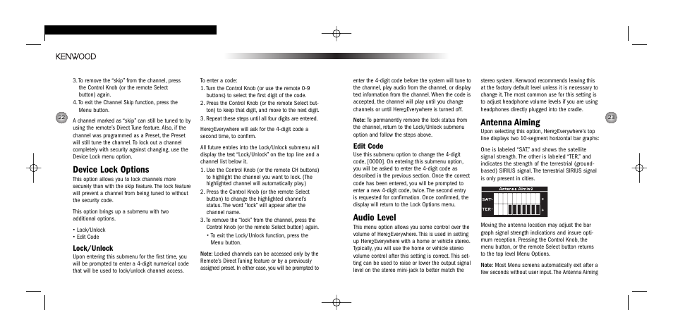 Audio level, Antenna aiming, Device lock options | Edit code, Lock/unlock | Kenwood H2EC User Manual | Page 12 / 15