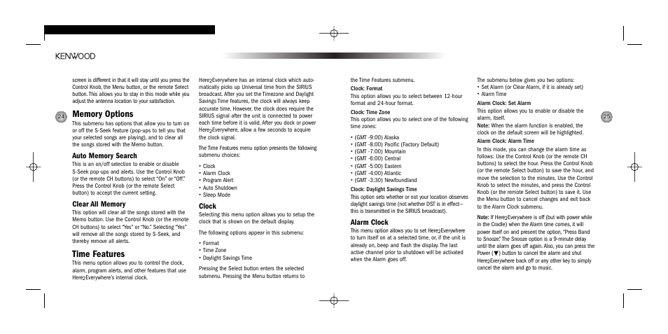 Time features, Alarm clock, Clock | Kenwood H2EC User Manual | Page 13 / 15