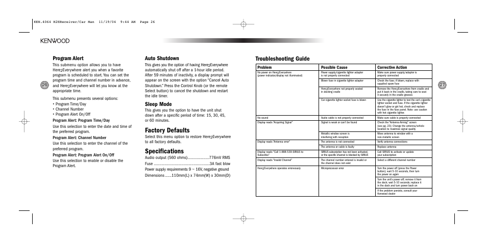 Factory defaults, Specifications, Troubleshooting guide | Program alert, Auto shutdown, Sleep mode | Kenwood H2EC User Manual | Page 14 / 15