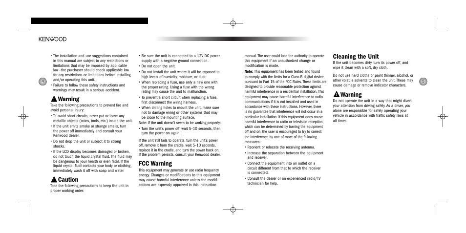 Cleaning the unit, Warning, Caution | Fcc warning | Kenwood H2EC User Manual | Page 3 / 15