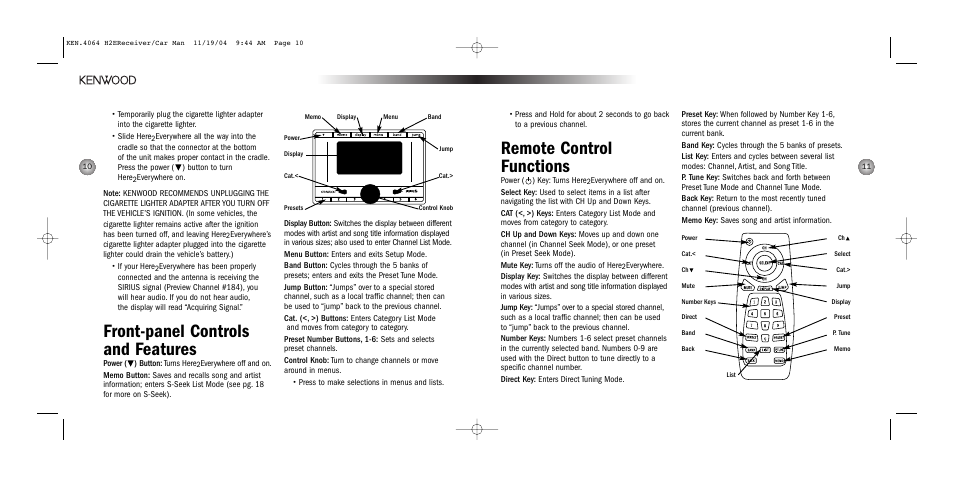 Remote control functions, Front-panel controls and features | Kenwood H2EC User Manual | Page 6 / 15