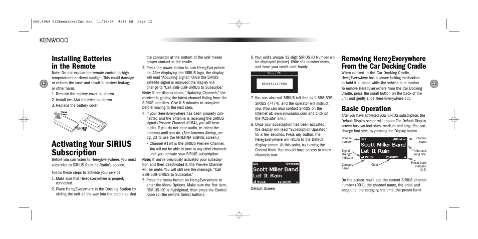 Activating your sirius subscription, Basic operation, Installing batteries in the remote | Kenwood H2EC User Manual | Page 7 / 15