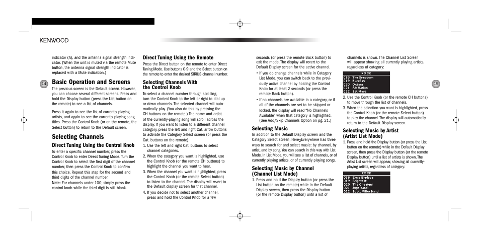 Basic operation and screens, Selecting channels, Selecting music | Selecting music by channel (channel list mode), Selecting music by artist (artist list mode), Direct tuning using the control knob, Direct tuning using the remote, Selecting channels with the control knob | Kenwood H2EC User Manual | Page 8 / 15