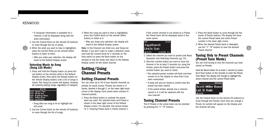 Setting/using channel presets, Tuning channel presets, Tuning only to preset channels (preset tune mode) | Setting channel presets, Selecting music by song (song list mode) | Kenwood H2EC User Manual | Page 9 / 15