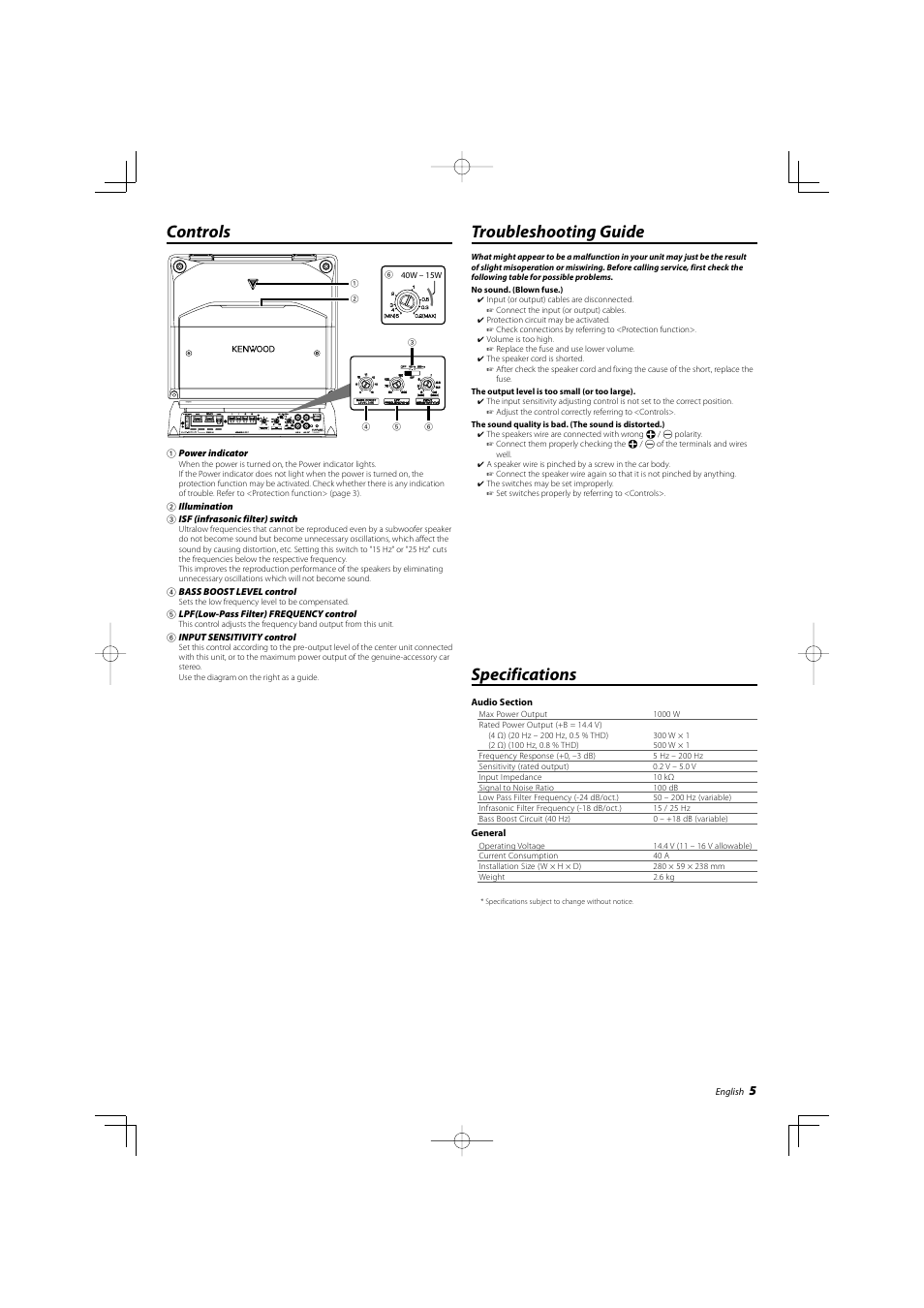 Controls, Troubleshooting guide, Specifications | Kenwood KAC-8104D User Manual | Page 5 / 6