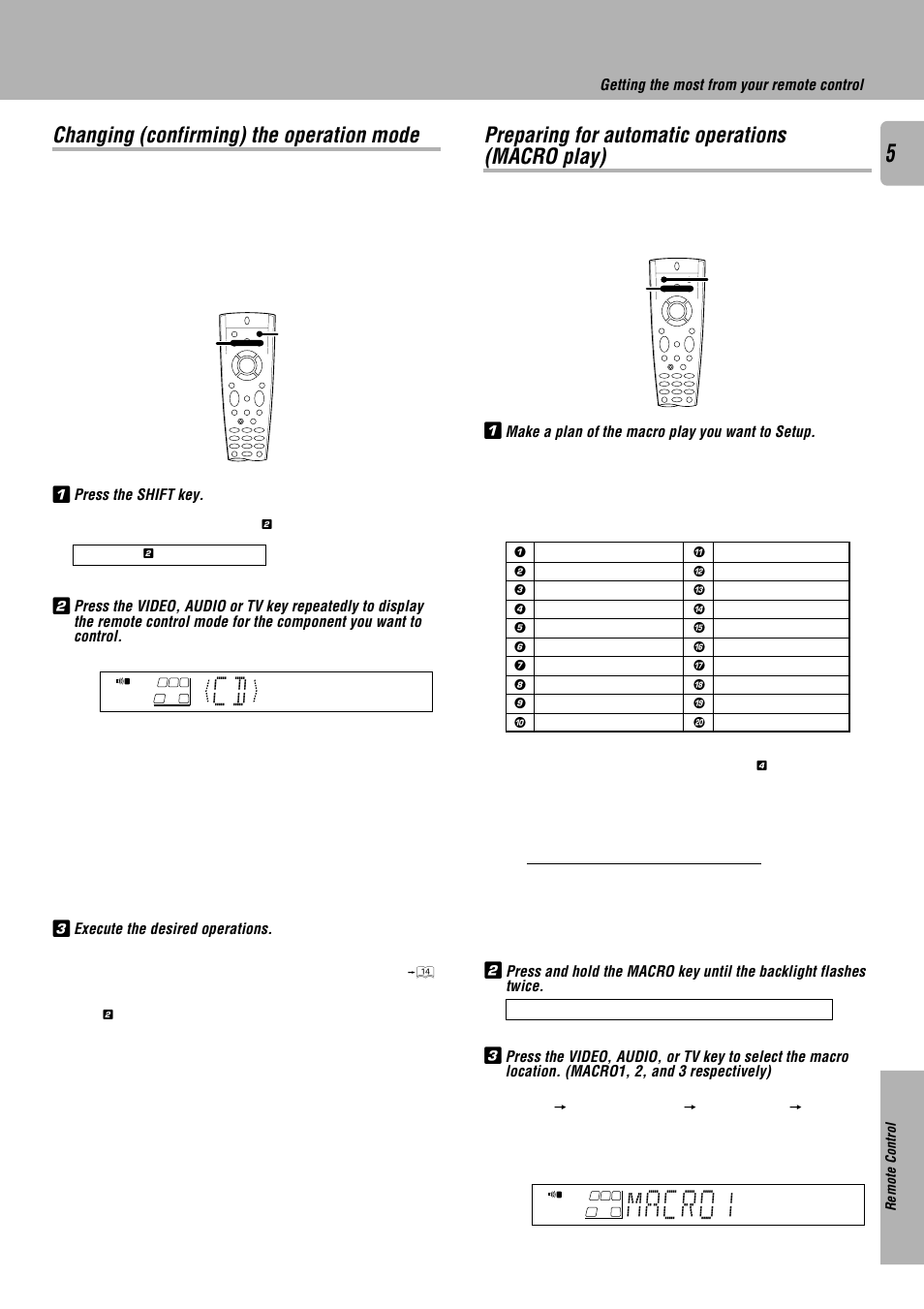 Macro1, Preparing for automatic operations (macro play), Changing (confirming) the operation mode | Kenwood RC-R0507 User Manual | Page 5 / 16