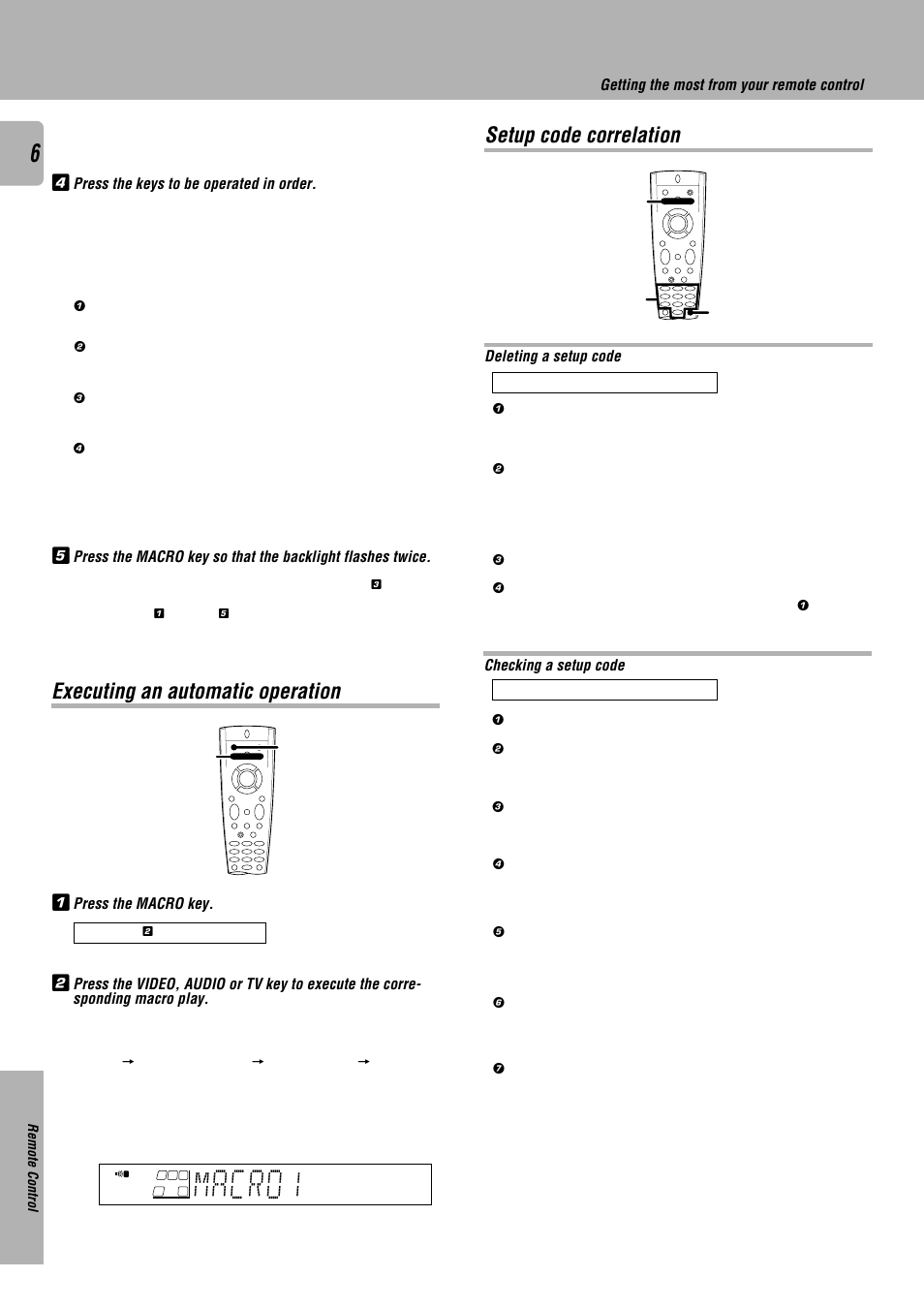 Macro1, Executing an automatic operation, Setup code correlation | Kenwood RC-R0507 User Manual | Page 6 / 16
