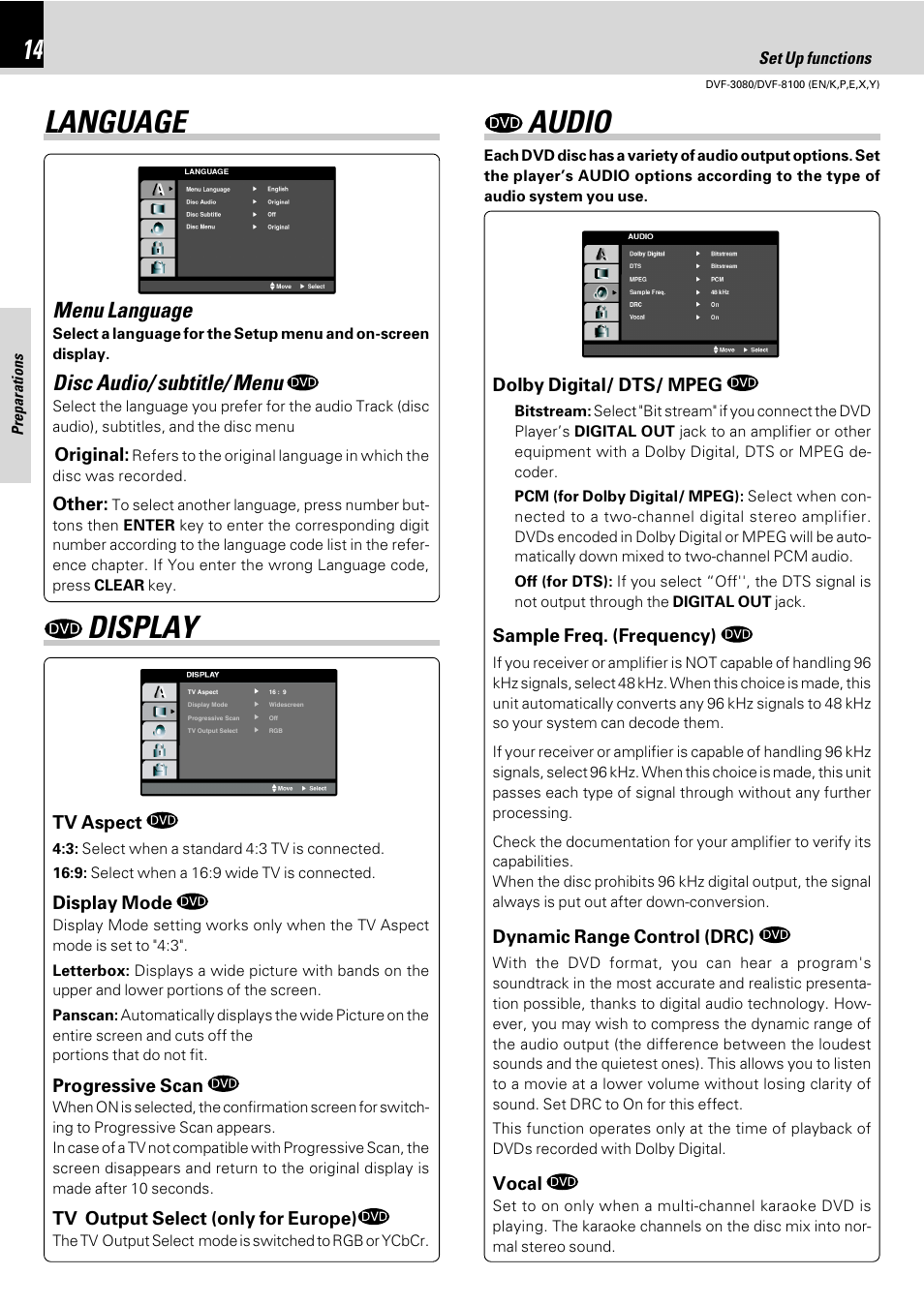Language, Display, Audio | Language audio, Menu language, Disc audio/ subtitle/ menu | Kenwood DVF-3080 User Manual | Page 14 / 36