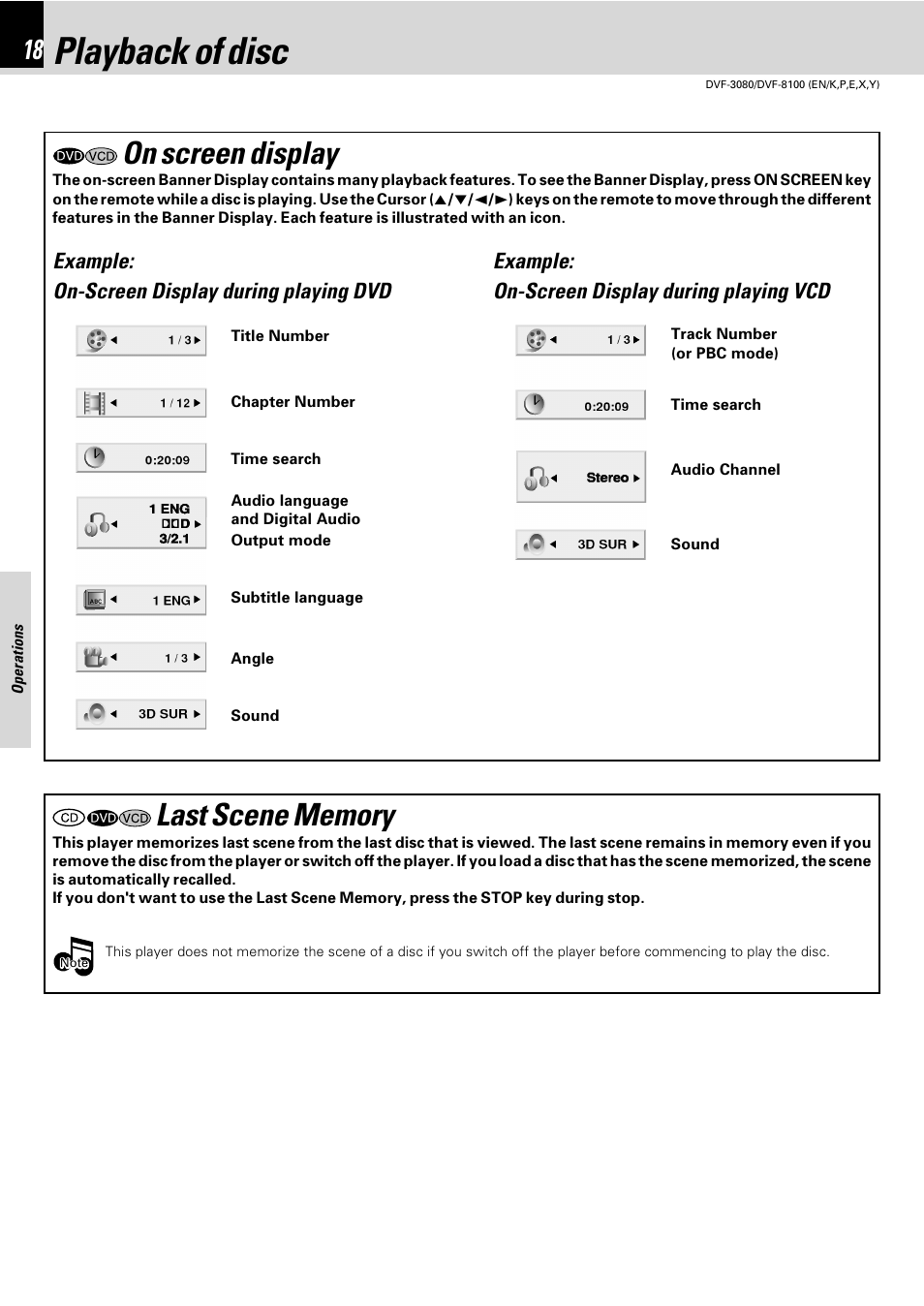 Operations, Playback of disc, On screen display | Last scene memory, Example: on-screen display during playing dvd, Example: on-screen display during playing vcd | Kenwood DVF-3080 User Manual | Page 18 / 36