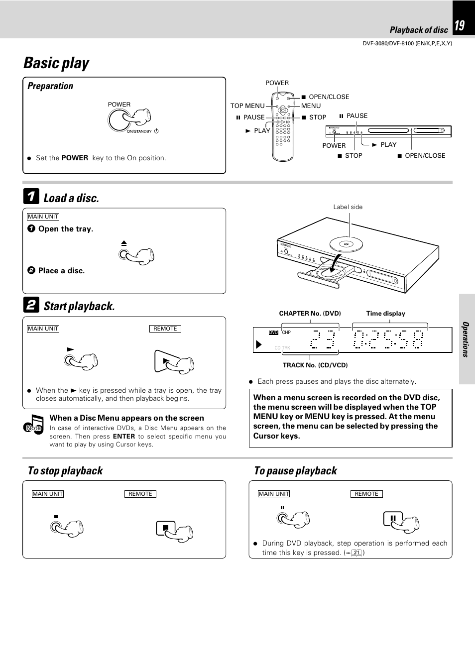 Basic play, Load a disc, Start playback | Preparation | Kenwood DVF-3080 User Manual | Page 19 / 36