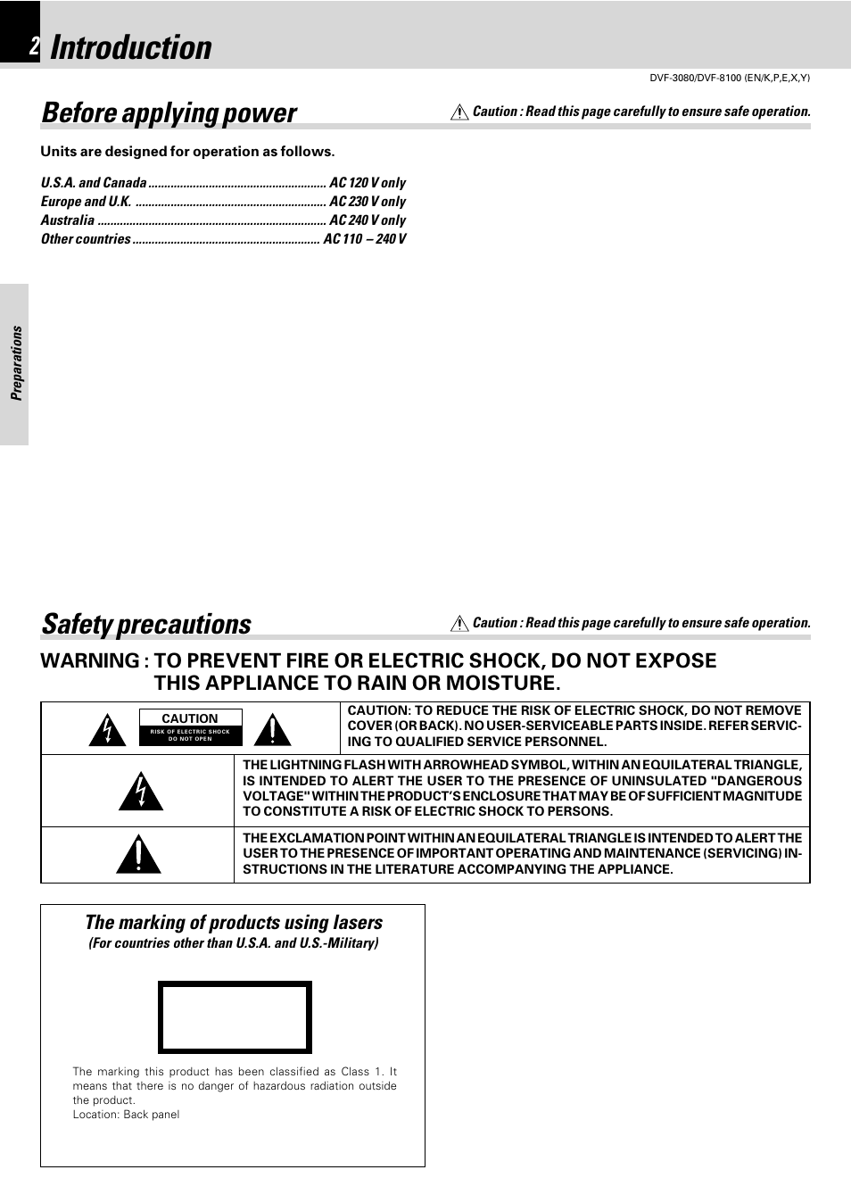 Preparations, Introduction, Before applying power | Safety precautions, The marking of products using lasers | Kenwood DVF-3080 User Manual | Page 2 / 36