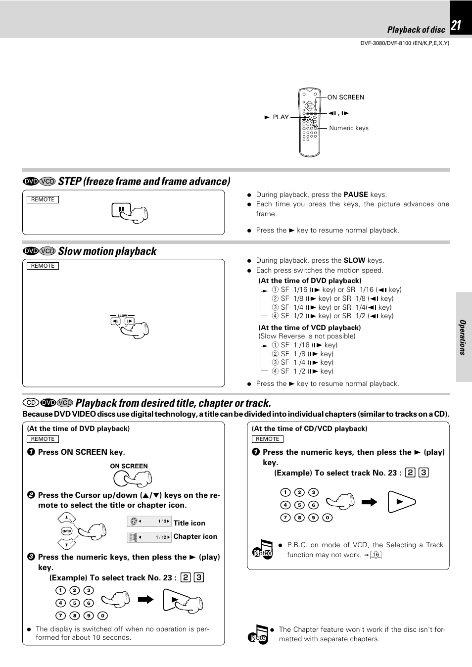 Slow motion playback, Playback from desired title, chapter or track, Step (freeze frame and frame advance) | Kenwood DVF-3080 User Manual | Page 21 / 36