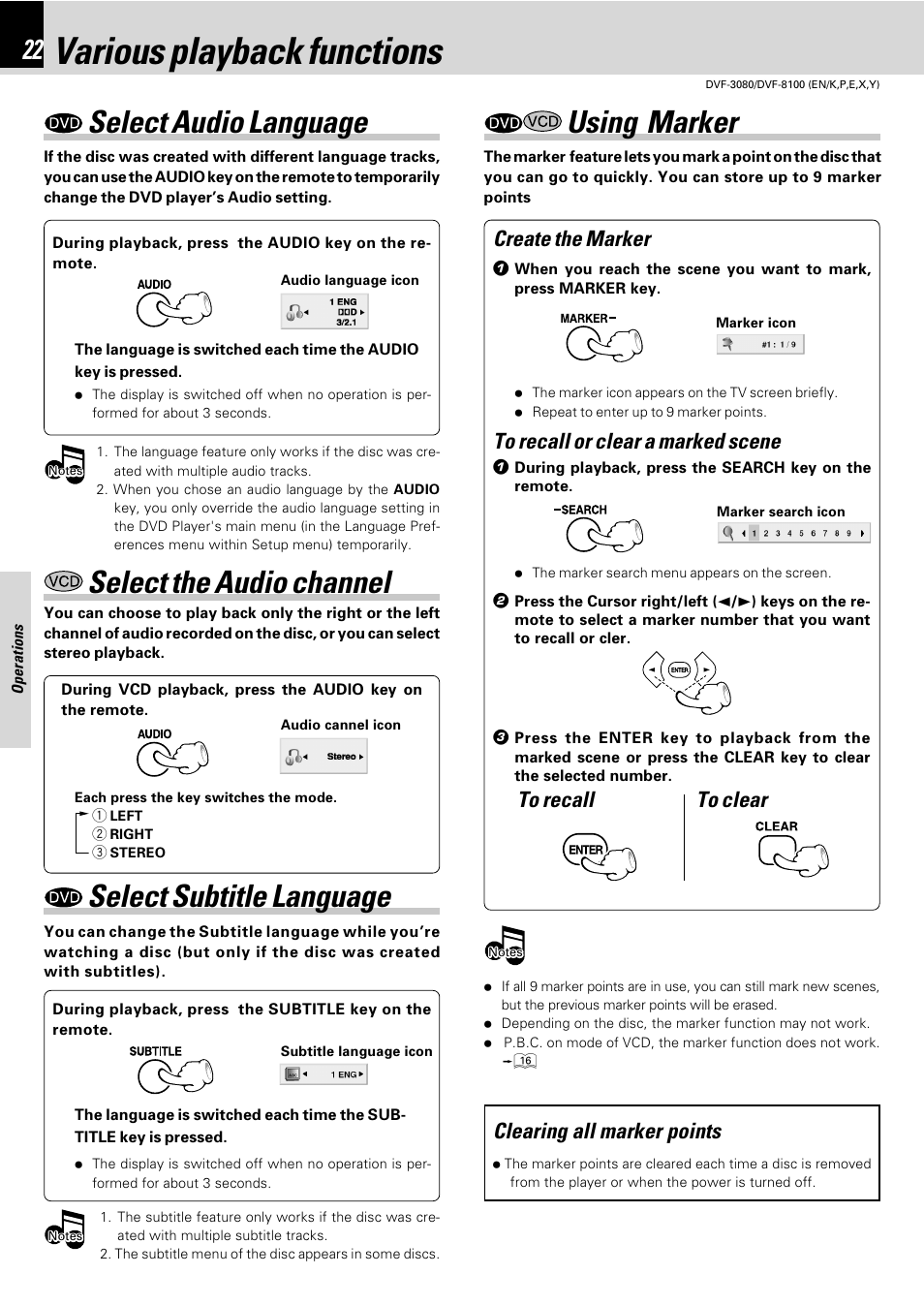 Various playback functions, Select audio language, Select the audio channel | Select subtitle language, Using marker, Create the marker, Clearing all marker points | Kenwood DVF-3080 User Manual | Page 22 / 36