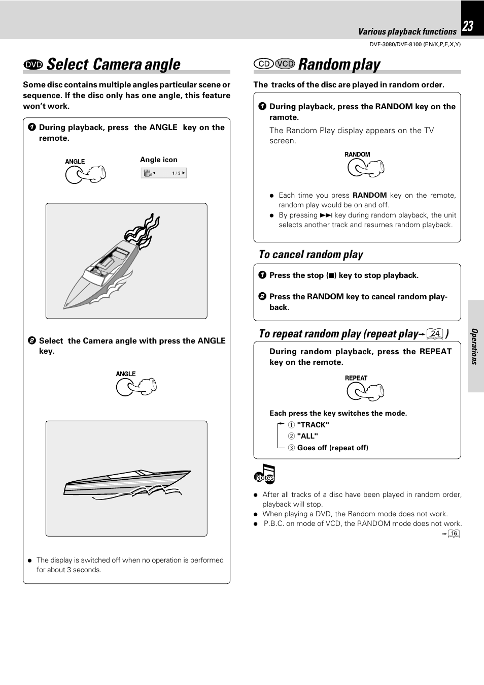 Select camera angle, Random play | Kenwood DVF-3080 User Manual | Page 23 / 36