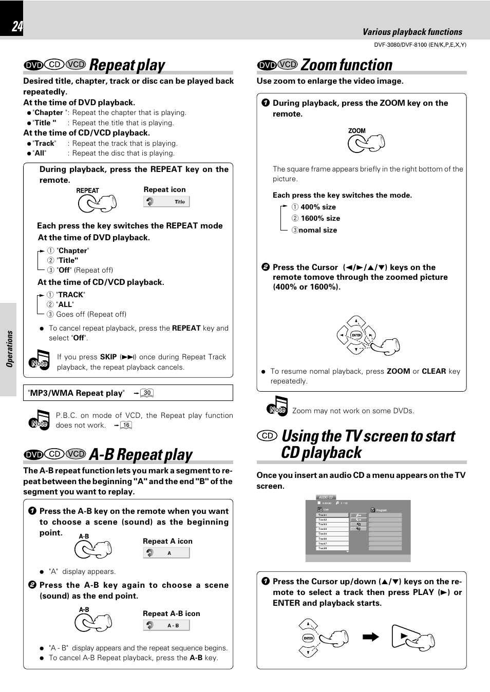 Repeat play, A-b repeat play, Zoom function | Using the tv screen to start cd playback | Kenwood DVF-3080 User Manual | Page 24 / 36