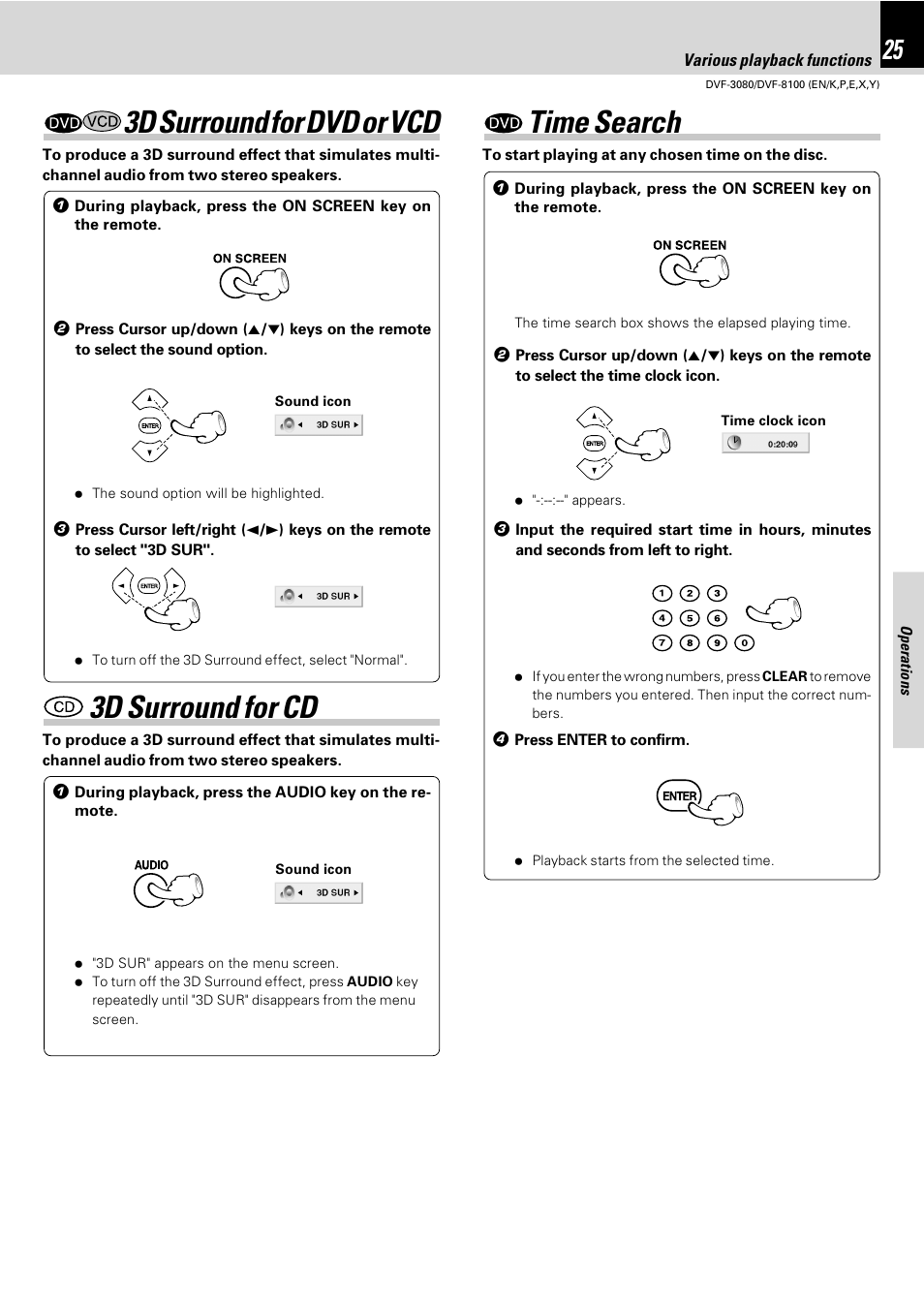 3d surround for dvd or vcd, 3d surround for cd, Time search | Kenwood DVF-3080 User Manual | Page 25 / 36