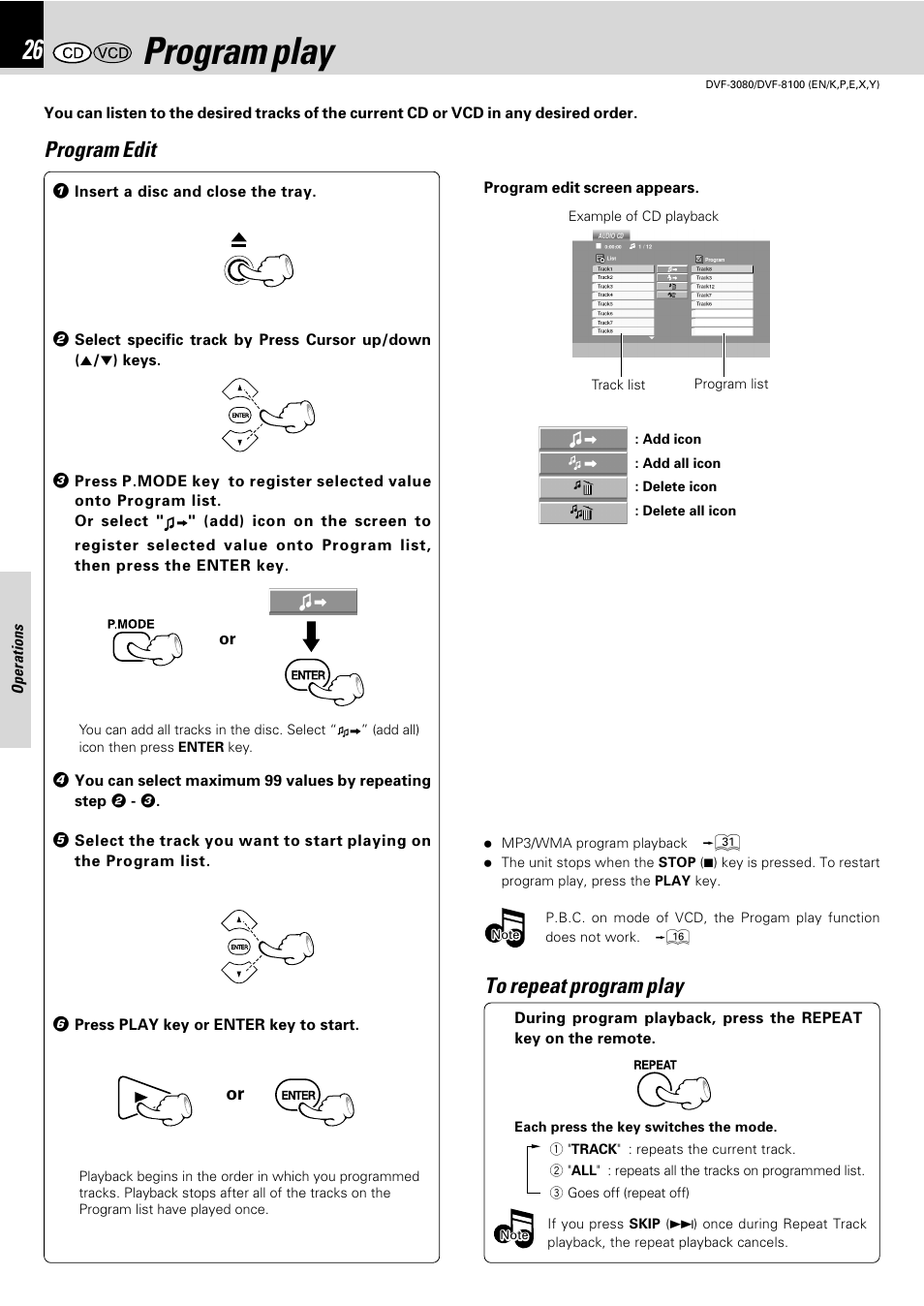 Program play, Program edit | Kenwood DVF-3080 User Manual | Page 26 / 36
