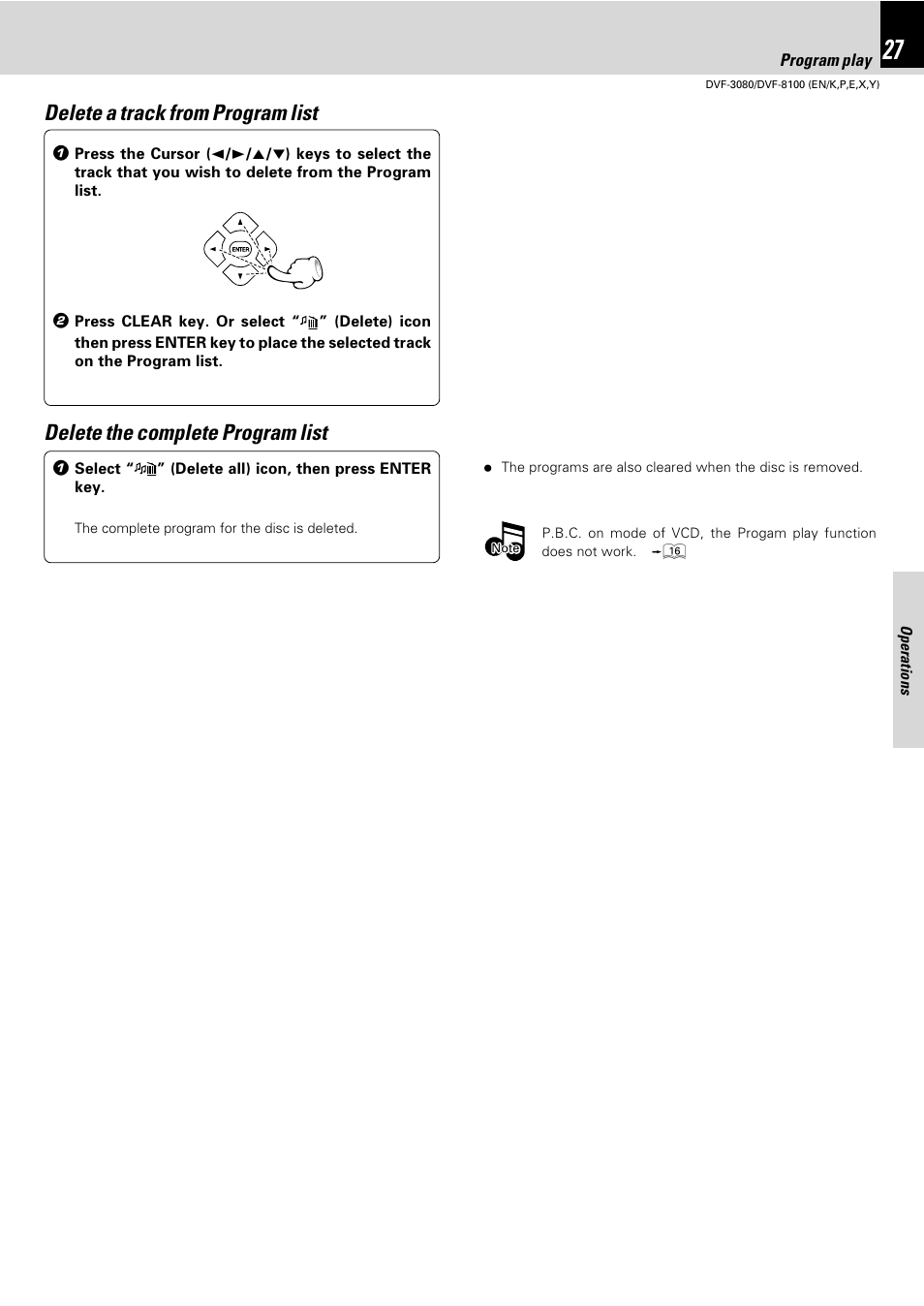 Delete a track from program list, Delete the complete program list | Kenwood DVF-3080 User Manual | Page 27 / 36